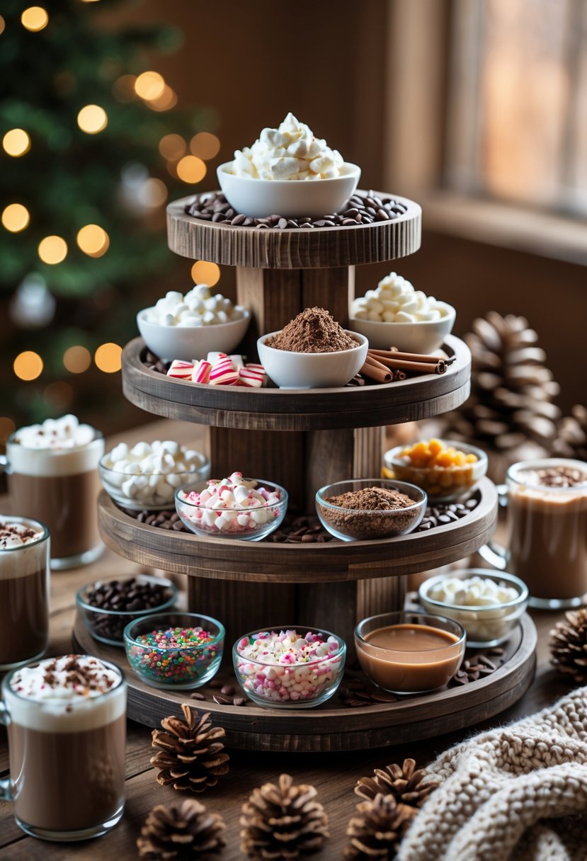 A tiered stand displaying various hot cocoa toppings like marshmallows, chocolate chips, and cinnamon sticks, surrounded by mugs of hot chocolate on a wooden table.