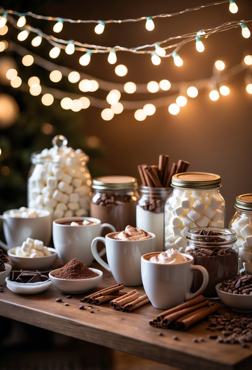 A warm and cozy hot cocoa bar with mugs, marshmallows, cinnamon sticks, and string fairy lights glowing above a wooden table.