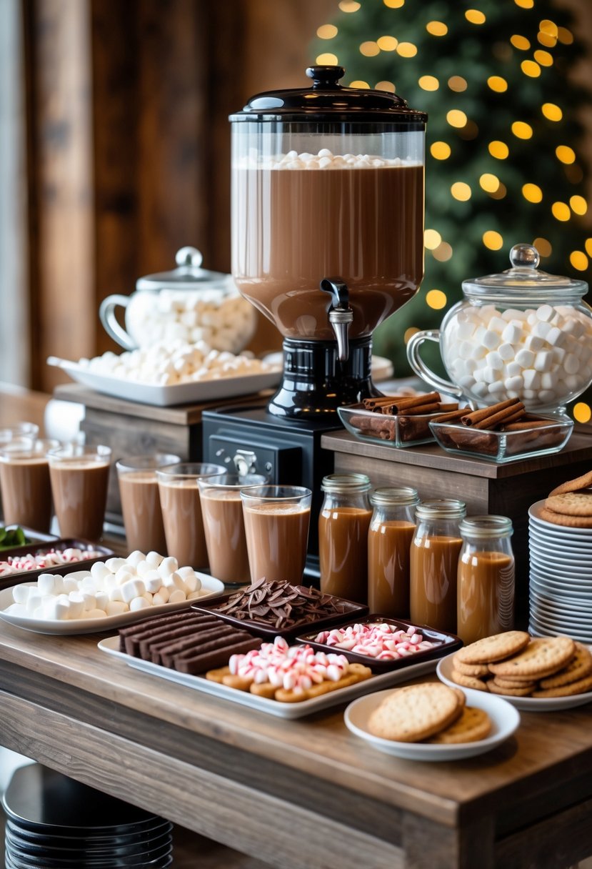 A hot cocoa bar setup with a large beverage dispenser, mugs, toppings like marshmallows and chocolate, and cookies arranged on a wooden table.