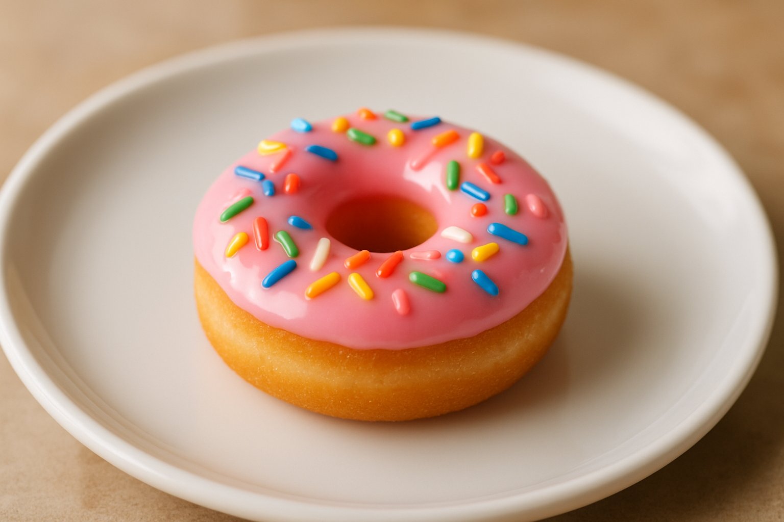 A single mini donut with pink glaze and colorful sprinkles on a white plate.