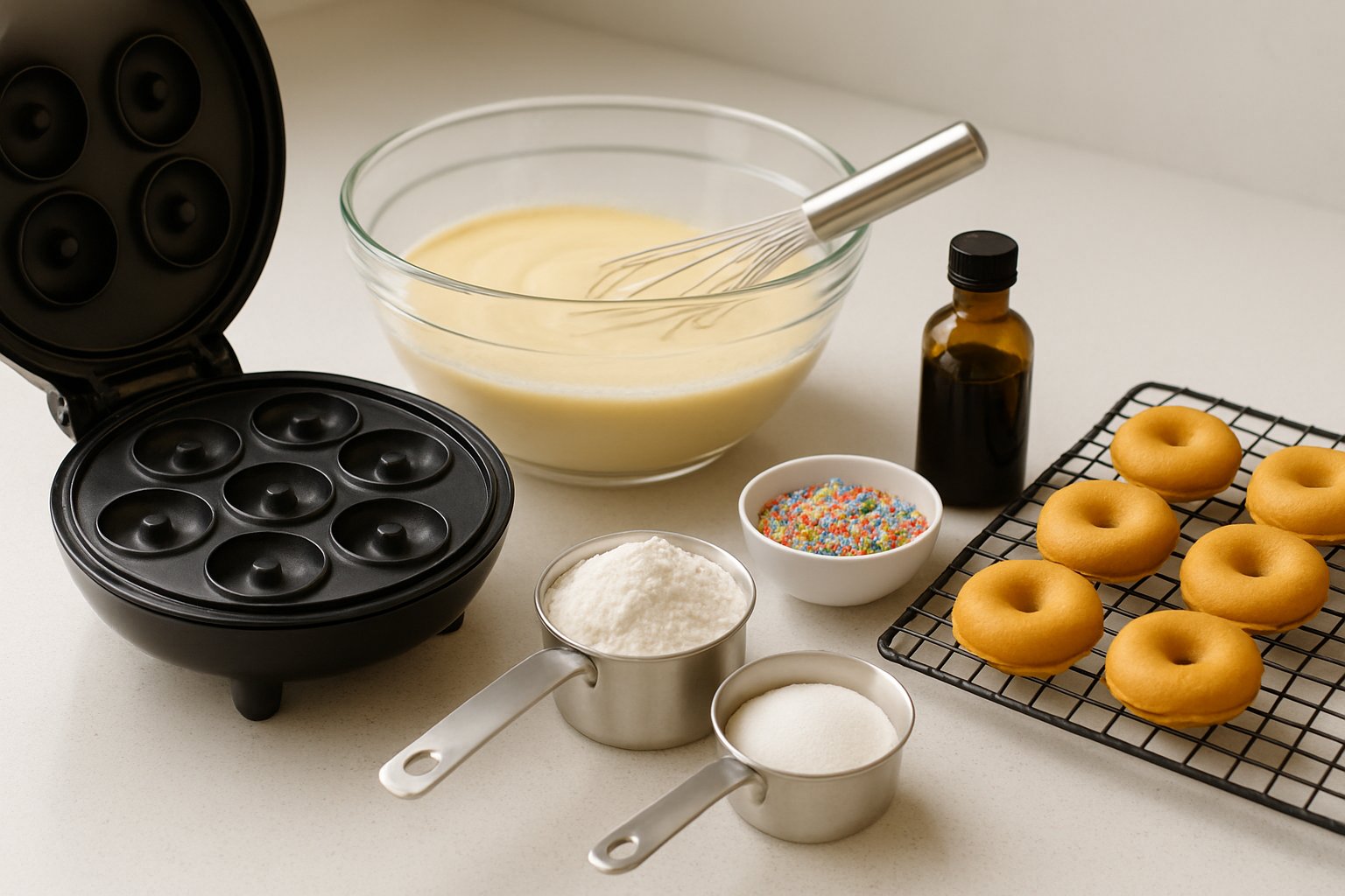 A kitchen countertop with equipment and ingredients for making mini donuts, including a mini donut maker, batter bowl, whisk, measuring cups, sprinkles, vanilla extract, and freshly baked mini donuts on a cooling rack.