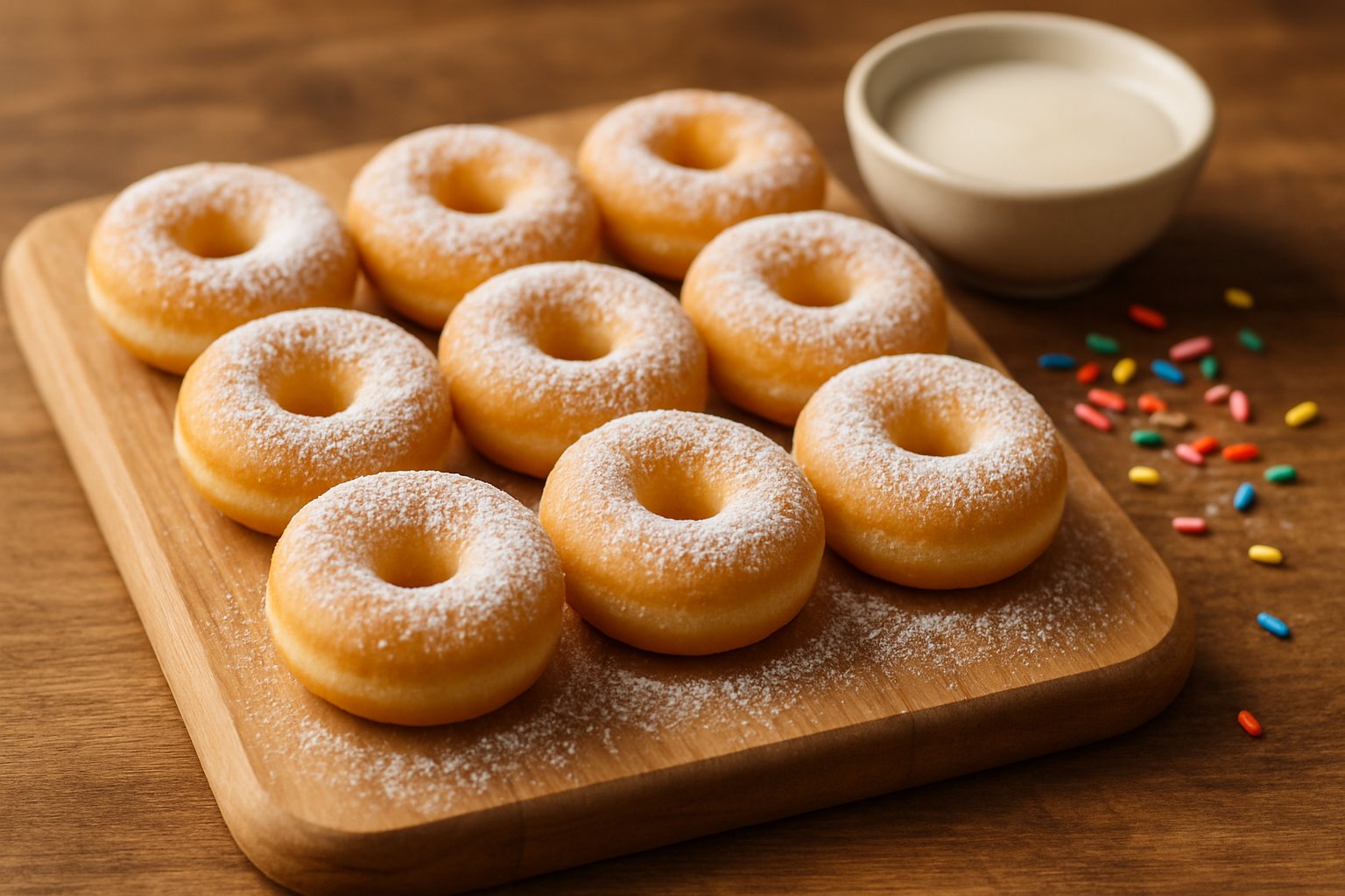 Close-up of freshly made mini donuts on a wooden cutting board with a bowl of glaze and sprinkles nearby.