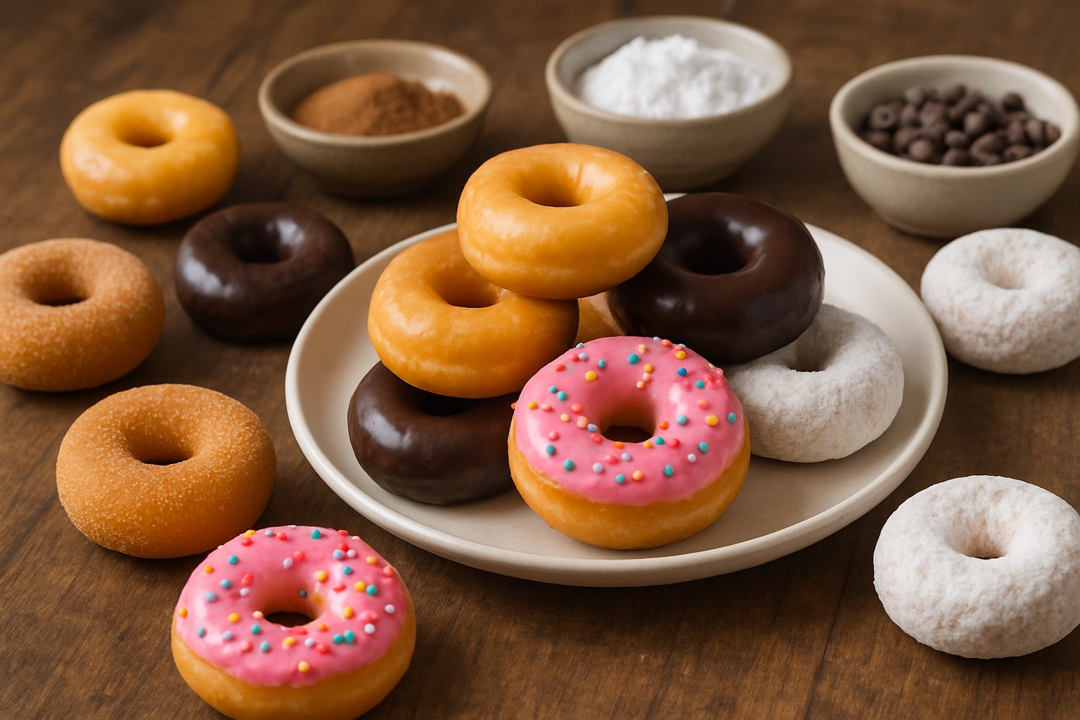 An assortment of mini donuts with different flavors arranged on a wooden table with bowls of ingredients nearby.