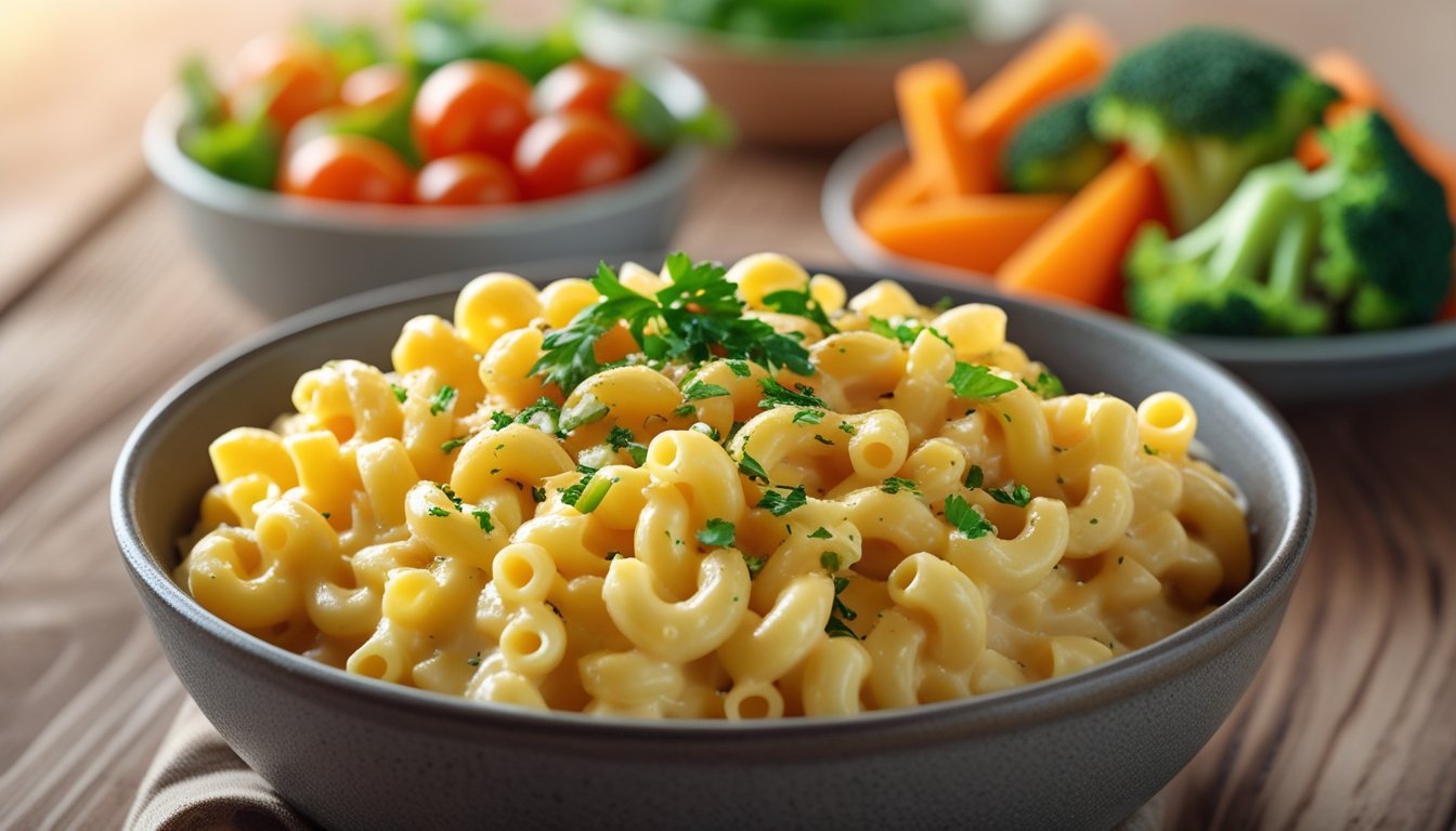 A bowl of creamy mac and cheese garnished with herbs, next to a small dish of fresh vegetables on a wooden table.