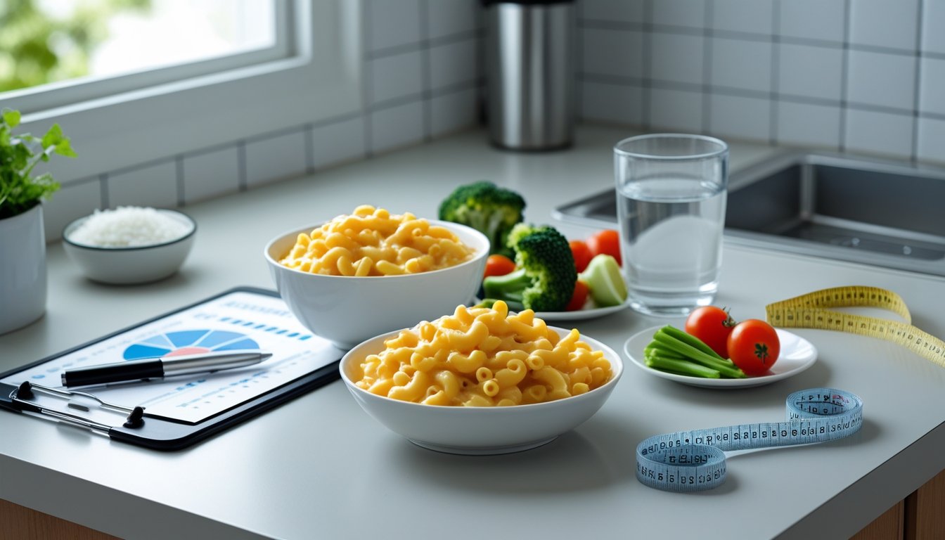A bowl of mac and cheese next to fresh vegetables, a nutritionist's clipboard, a glass of water, and a measuring tape on a kitchen countertop.