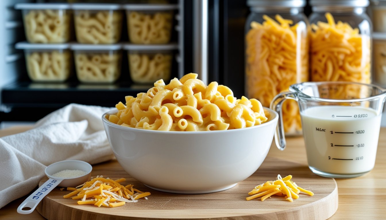 A bowl of creamy macaroni and cheese on a wooden countertop with ingredients and stored portions in containers in the background.