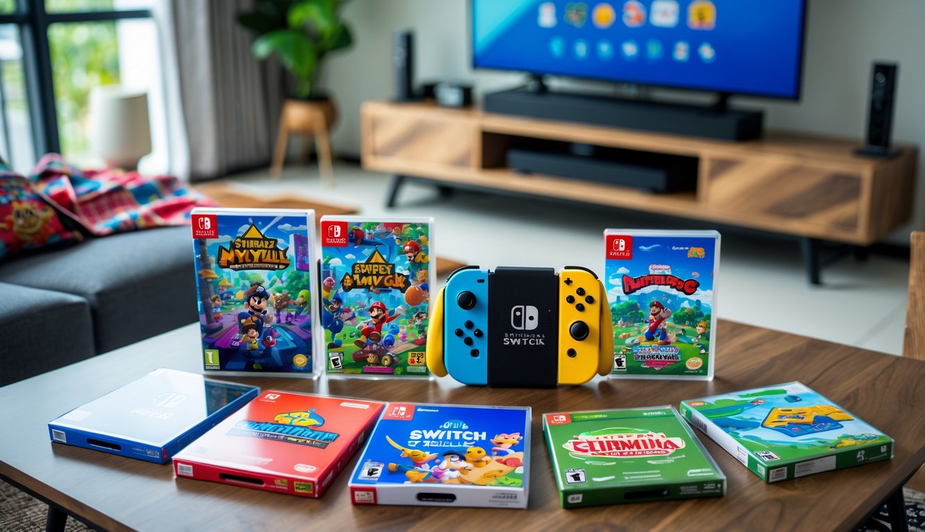 A Nintendo Switch console and several game cases arranged on a wooden table with a small Malaysian flag nearby.