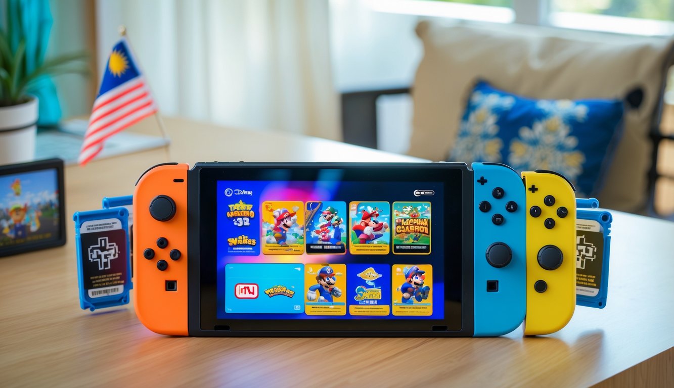 Nintendo Switch console on a wooden table with several game cartridges arranged nearby and subtle Malaysian decor in the background.