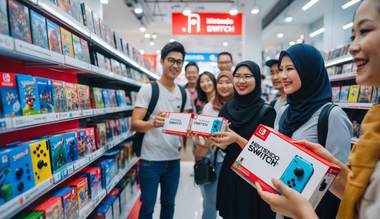 Customers browsing shelves filled with Nintendo Switch games in a bright retail store in Malaysia.