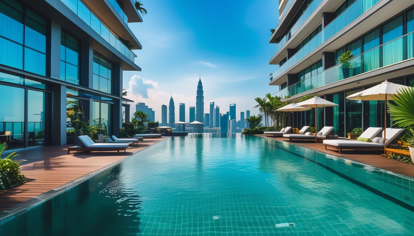 A modern hotel in Kuala Lumpur with a private swimming pool, sun loungers, tropical plants, and the city skyline with the Petronas Twin Towers in the background.