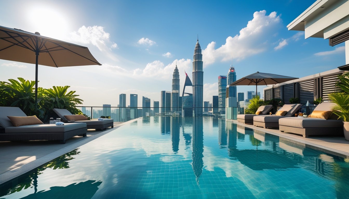 Rooftop private infinity pool overlooking Kuala Lumpur skyline with the Petronas Twin Towers and surrounding skyscrapers on a sunny day.