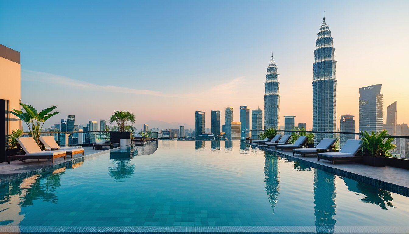 Rooftop infinity pool at a modern hotel overlooking the Kuala Lumpur skyline with the Petronas Twin Towers in the background during sunset.