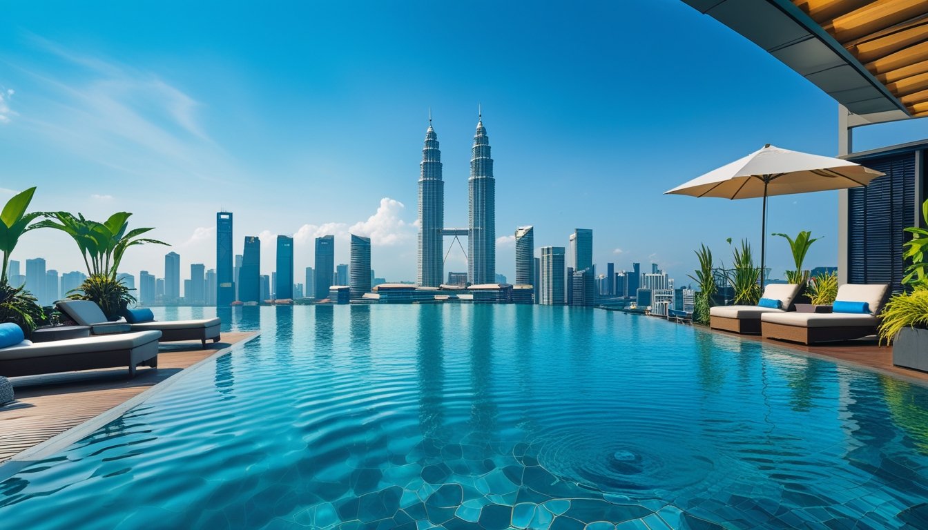 A private hotel pool with lounge chairs and tropical plants, overlooking the Kuala Lumpur skyline including the Petronas Twin Towers.