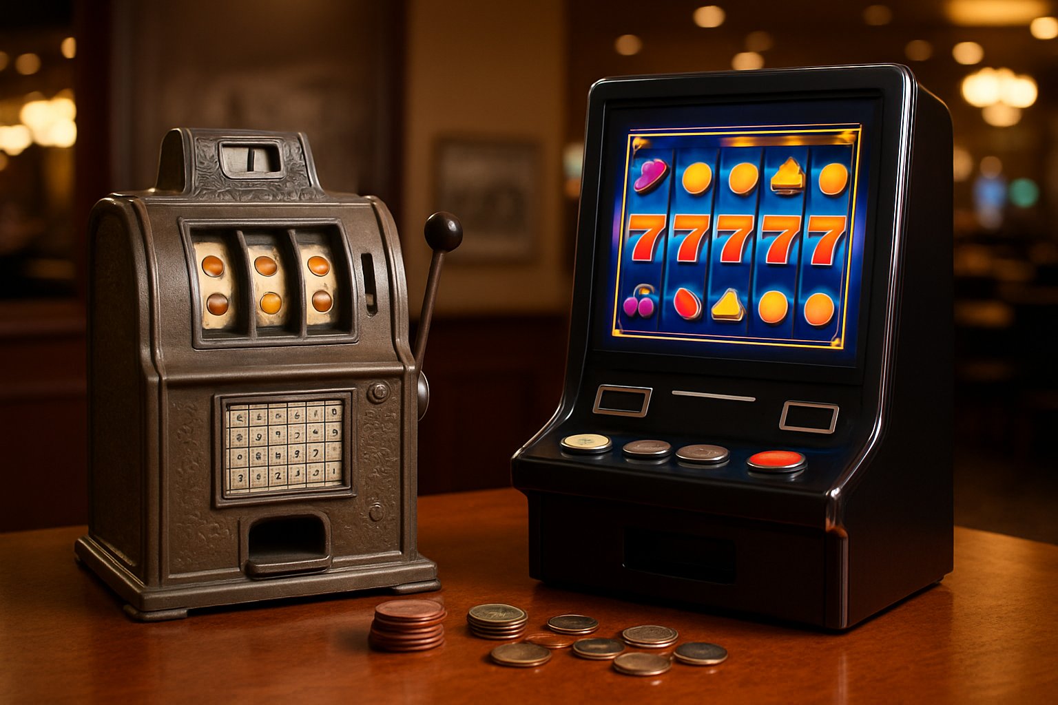 Mesin slot kuno dan modern berdampingan di atas meja kayu dengan latar belakang suasana kasino.