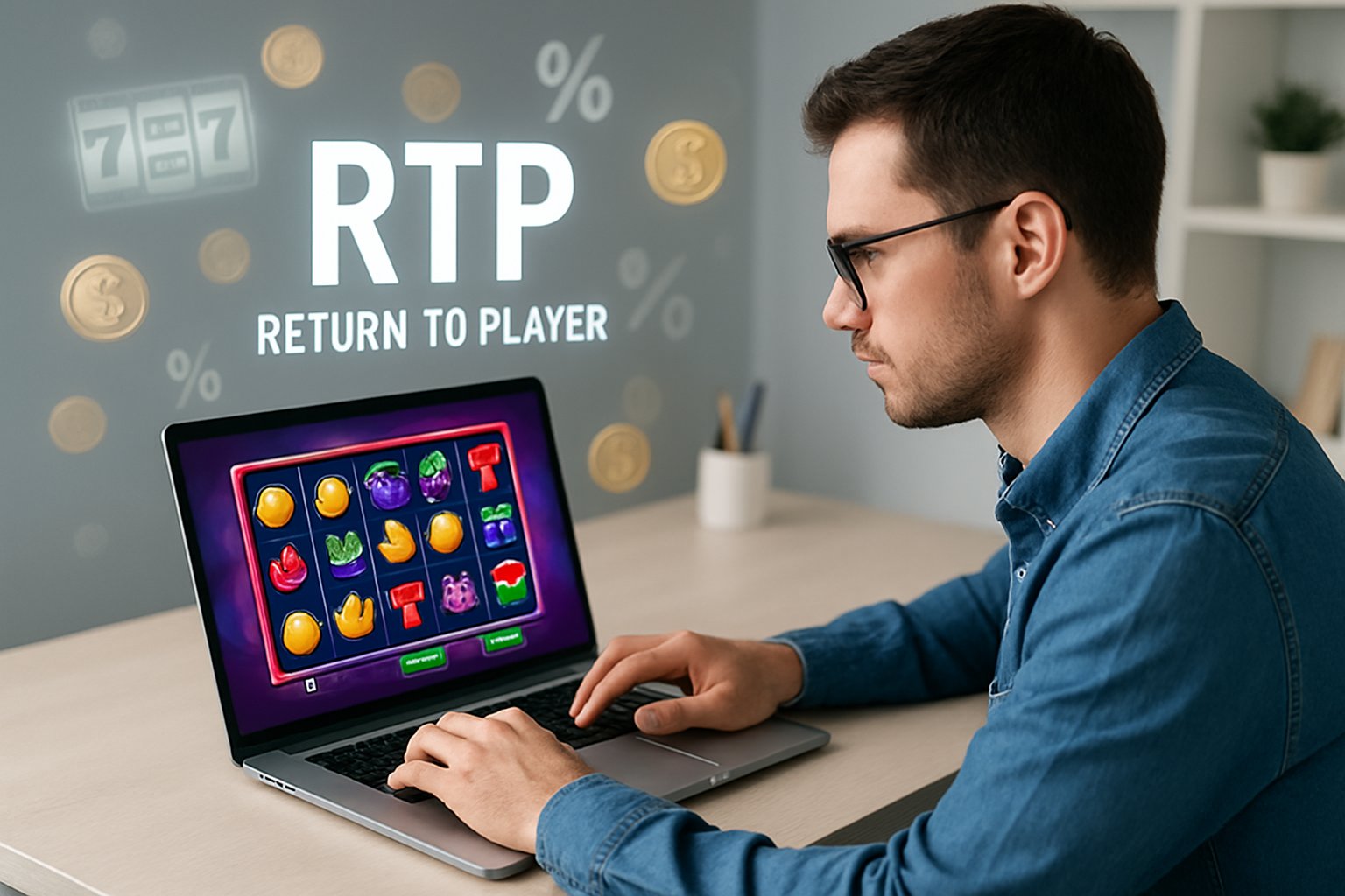 Seorang pria muda duduk di depan laptop yang menampilkan permainan slot online dengan grafik warna-warni, di ruang kerja yang rapi.