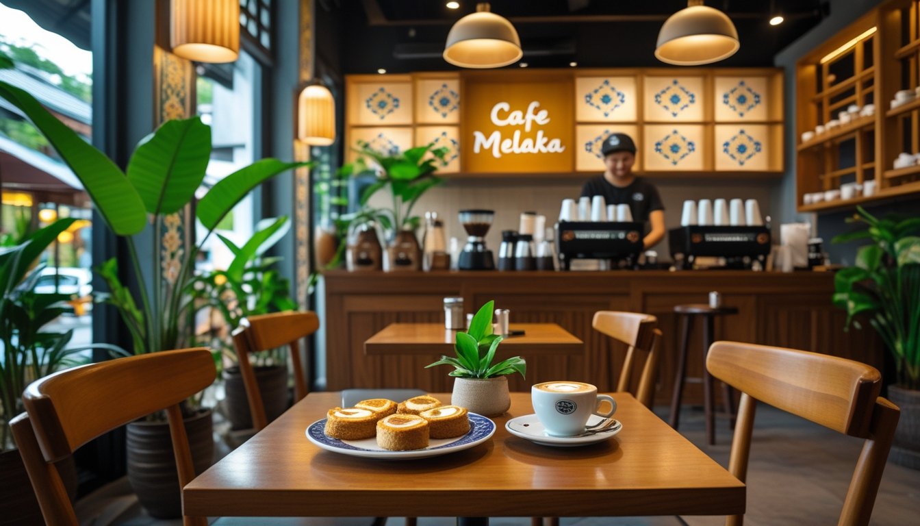 Interior of a cozy cafe with wooden furniture, green plants, traditional Malaysian tile patterns, a cup of coffee and local pastries on a table, and a barista working behind the counter.