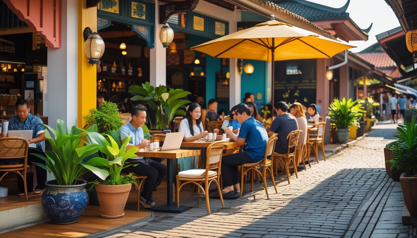 Outdoor cafes in Melaka with people sitting at tables enjoying coffee and pastries on a sunny day.