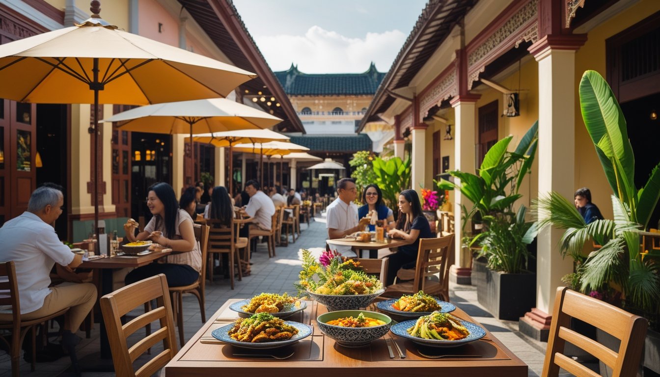 Outdoor cafe in Melaka with people dining at wooden tables surrounded by tropical plants and historic buildings.