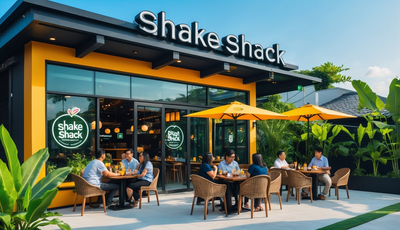 Exterior view of a modern Shake Shack restaurant in Malaysia with customers dining outside surrounded by tropical plants.