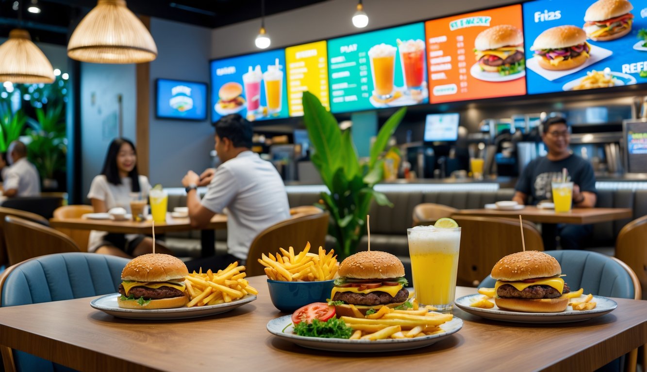 Interior of a Shake Shack restaurant in Malaysia with tables displaying burgers, fries, and drinks, and customers enjoying their meals.