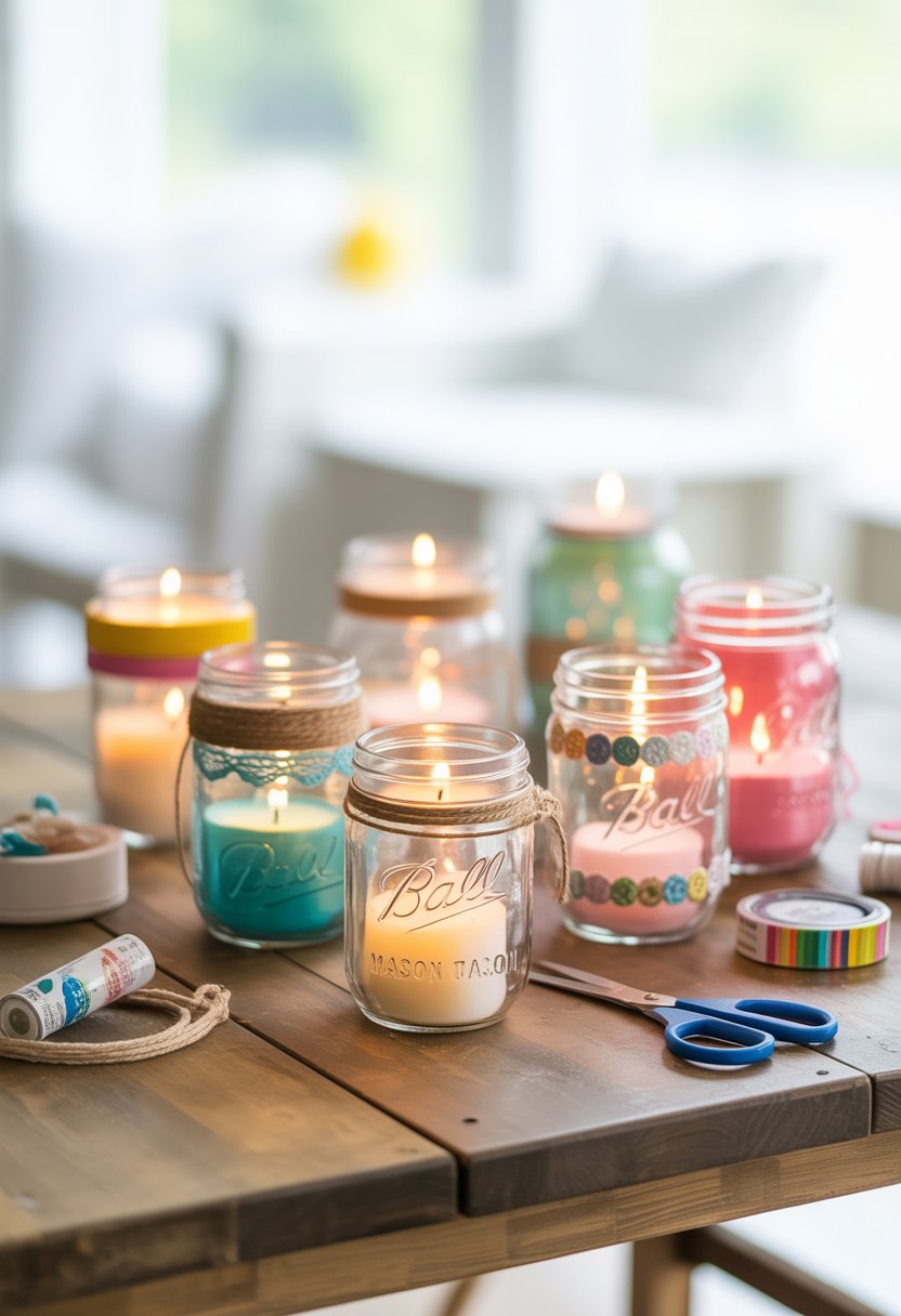 Several decorated mason jars holding lit candles arranged on a wooden table with craft supplies nearby.