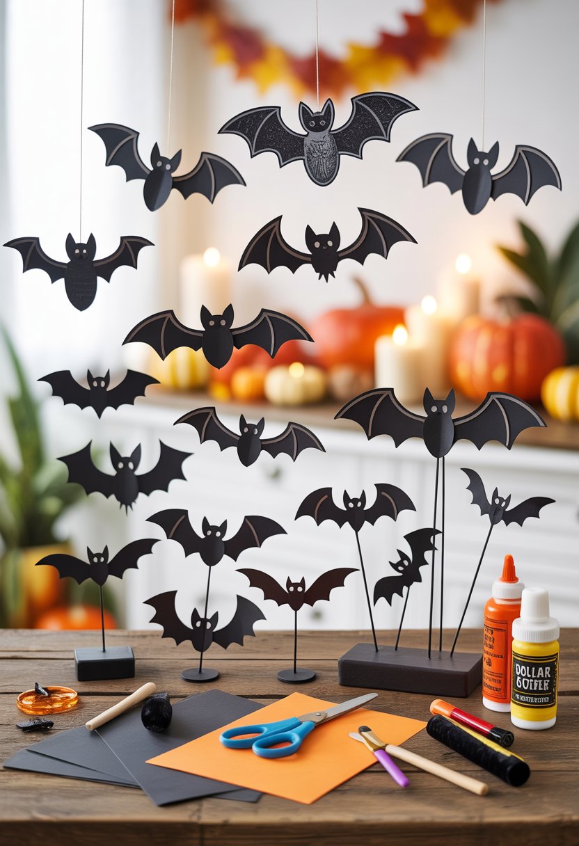 A table displaying various handmade bat decorations crafted from dollar store materials, surrounded by crafting supplies and autumn-themed decor.