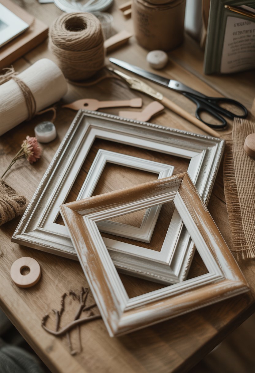 A collection of rustic wooden picture frames displayed on a wooden table with craft supplies like twine, scissors, and dried flowers nearby.
