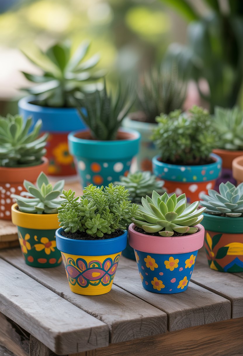 A group of colorful painted terra cotta pots with green plants arranged on a wooden table.