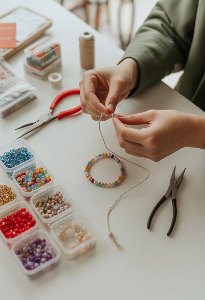 Hands making a beaded bracelet with colorful beads and crafting tools on a clean workspace.