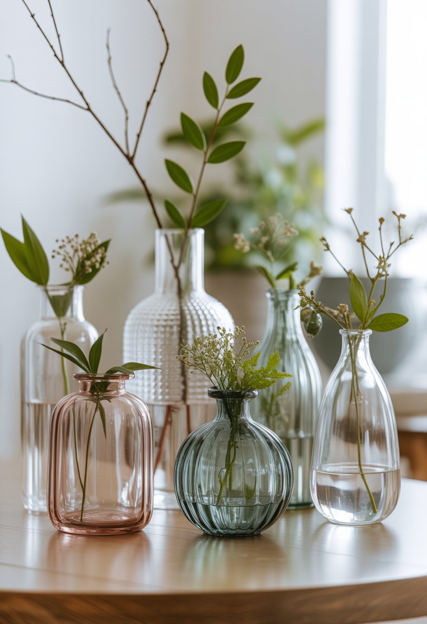 A collection of decorative glass vases with flowers and leaves arranged on a wooden table.