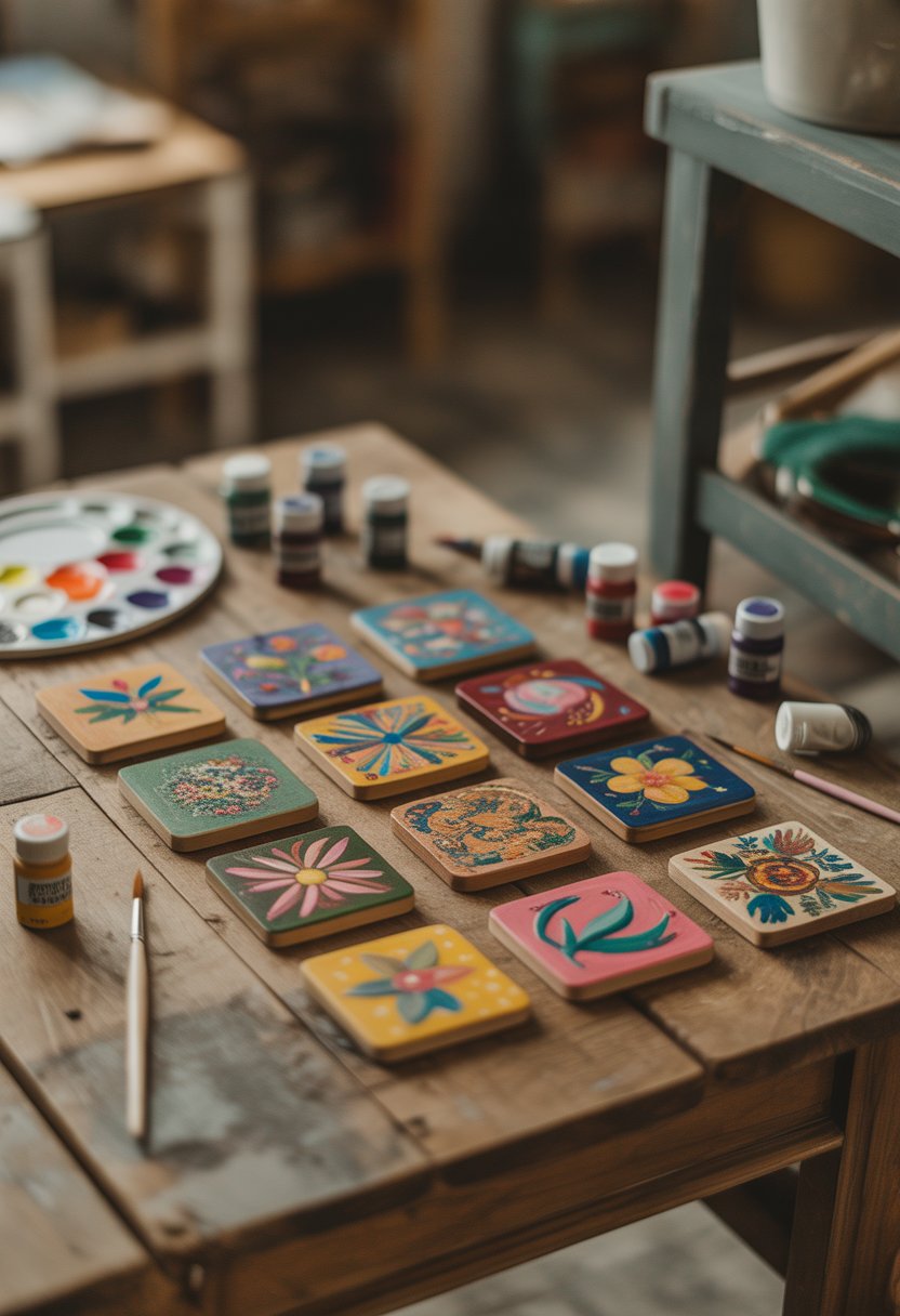 A set of colorful hand-painted wooden coasters displayed on a wooden table with paintbrushes and paint tubes nearby.