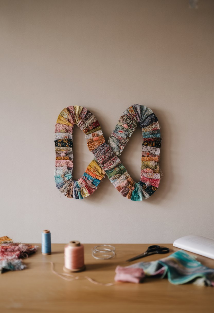 Colorful fabric scrap wall art displayed on a wall above a wooden table with crafting materials.