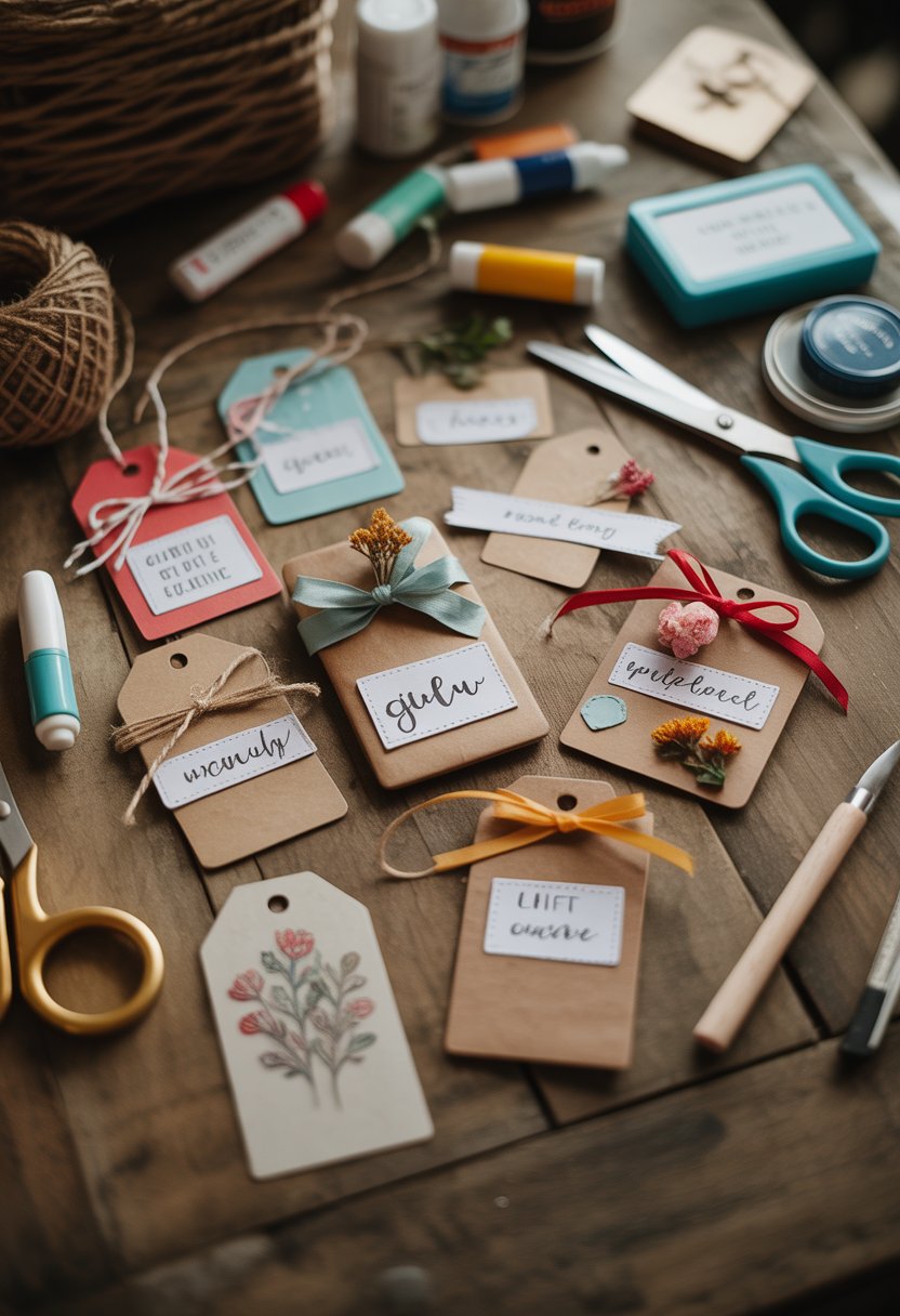 A collection of handmade gift tags with ribbons and crafting supplies arranged on a wooden table.