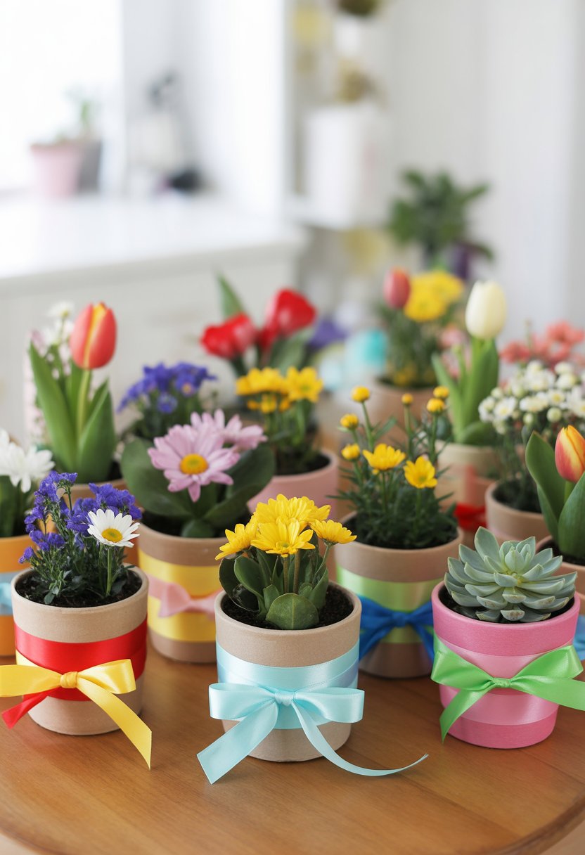 Several flower pots wrapped with colorful ribbons and filled with blooming flowers arranged on a wooden table.