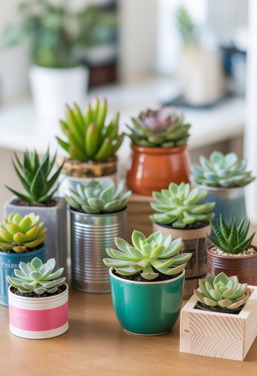 A collection of small succulent plants in various colorful containers arranged on a table indoors.