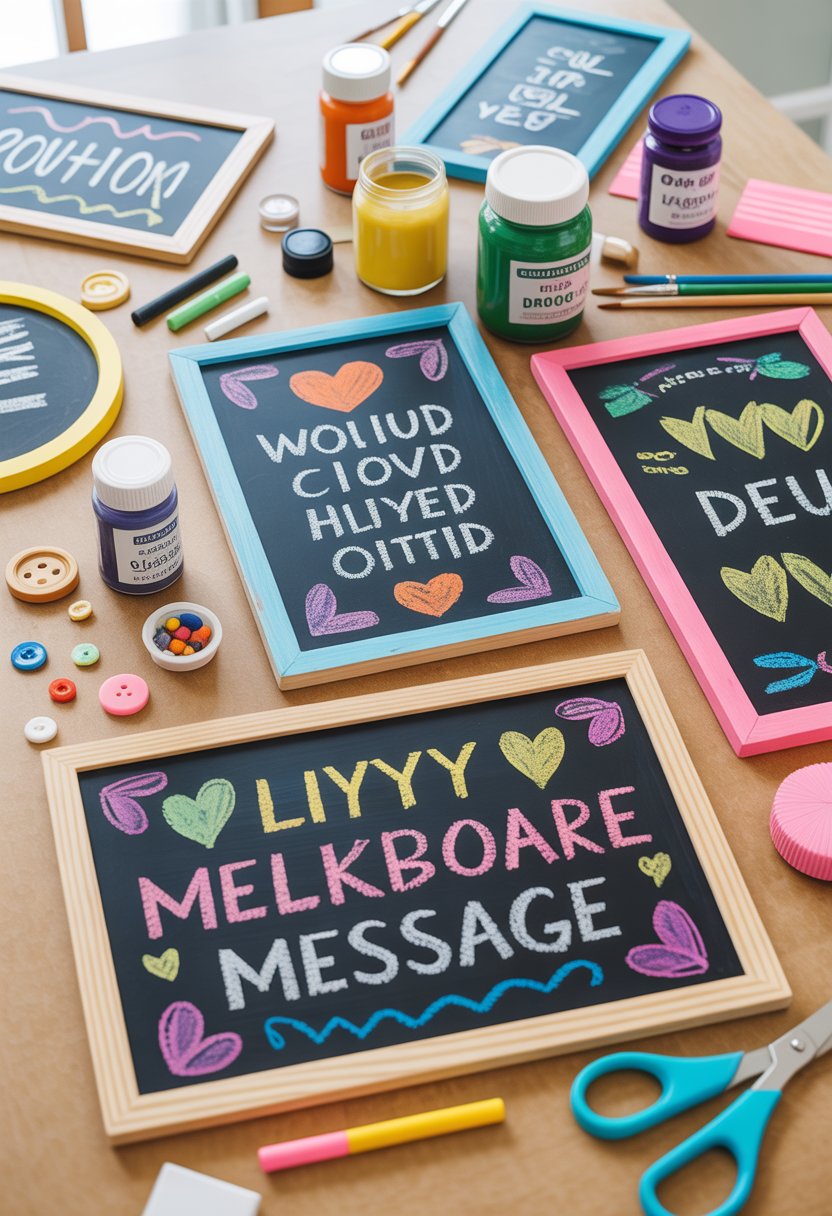 A craft workspace with various decorated chalkboard message boards and assorted craft supplies arranged on a table.