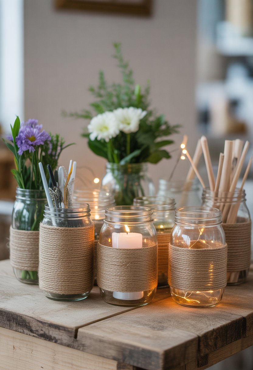 Several mason jars wrapped in twine and filled with flowers, candles, and fairy lights, arranged on a wooden table.