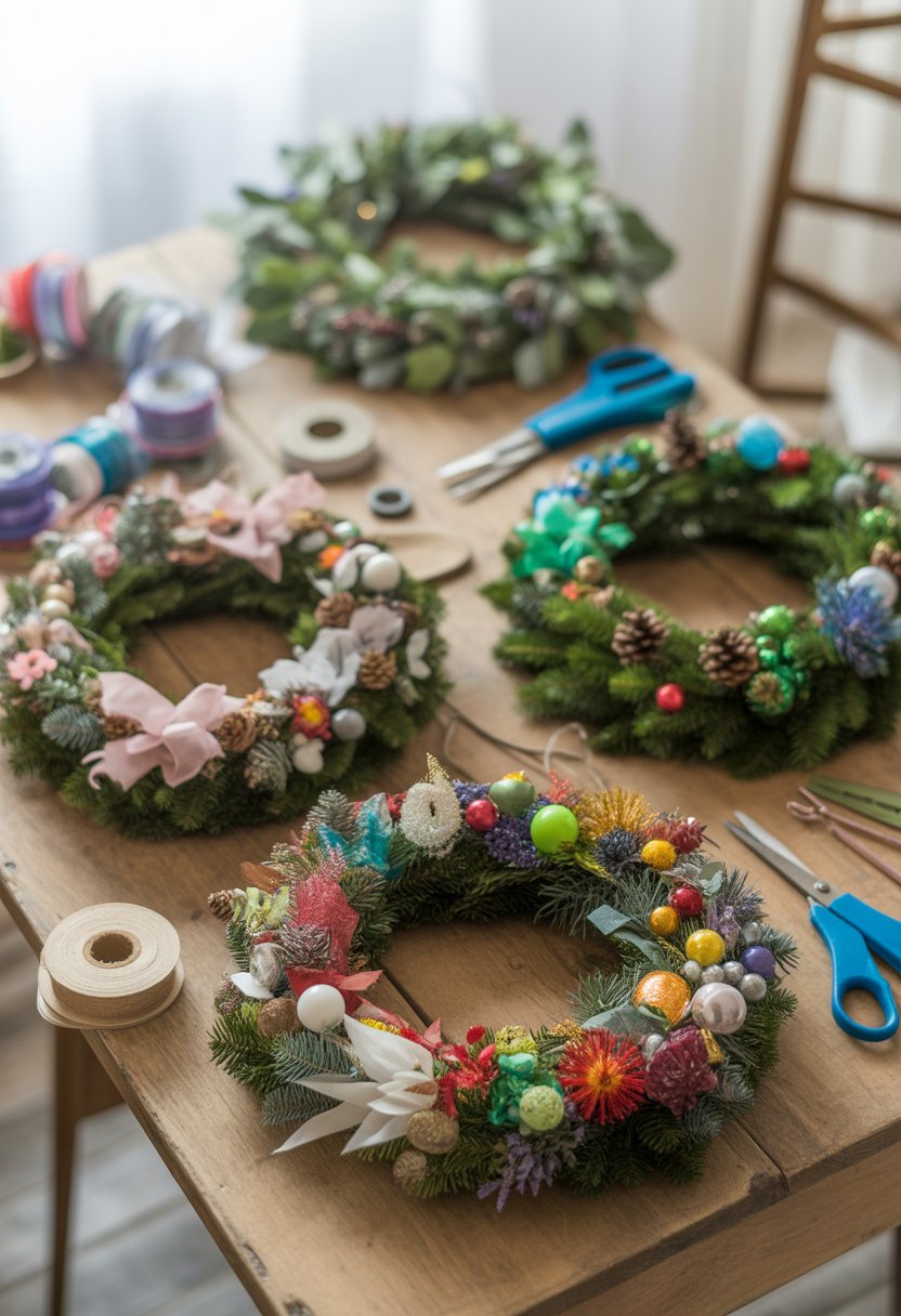 A table displaying several colorful seasonal wreaths made from craft supplies with tools arranged around them.
