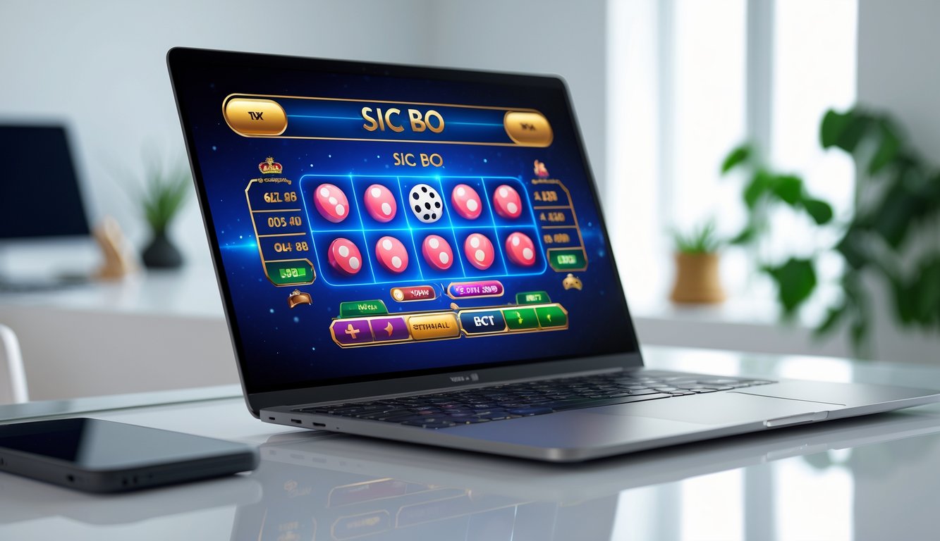 Seorang pengguna sedang bermain permainan Sic Bo online di komputer dengan latar belakang ruangan yang rapi dan terang.