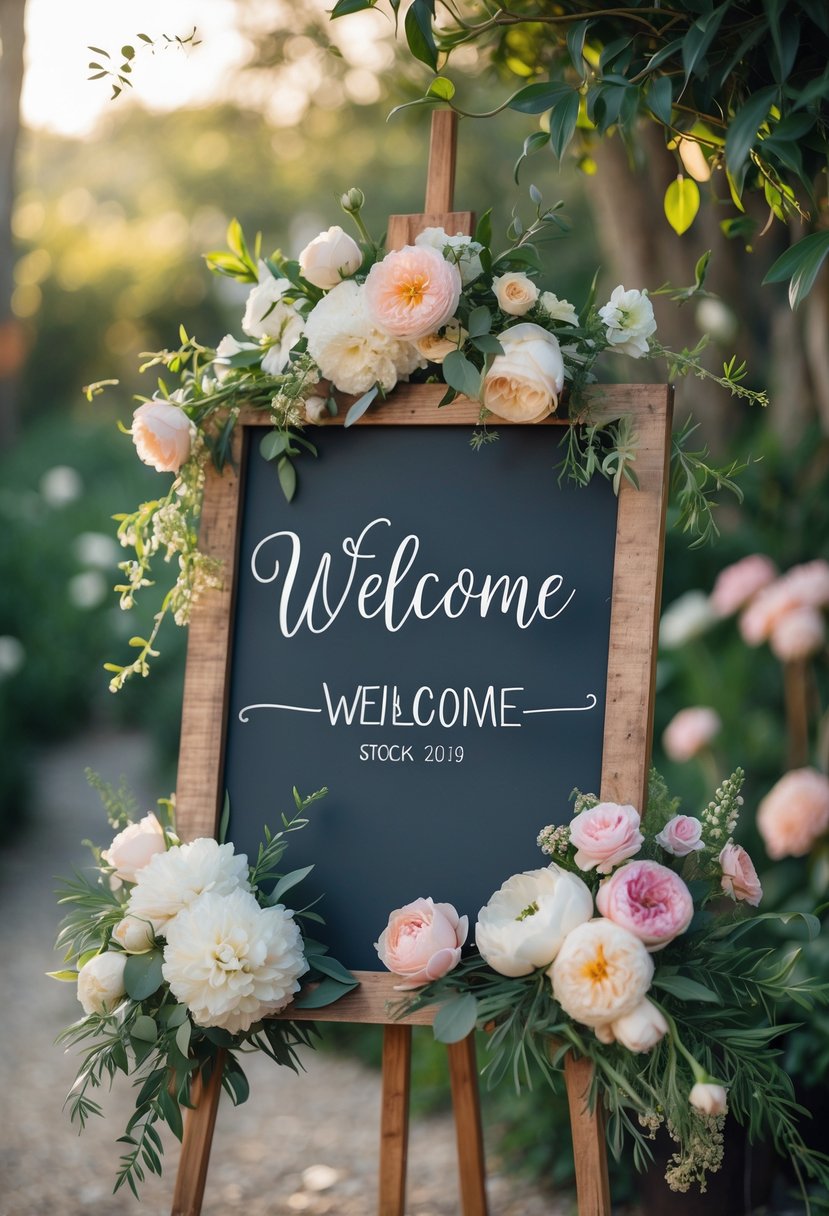 A wooden chalkboard sign on an easel decorated with fresh flowers and greenery in an outdoor garden setting.