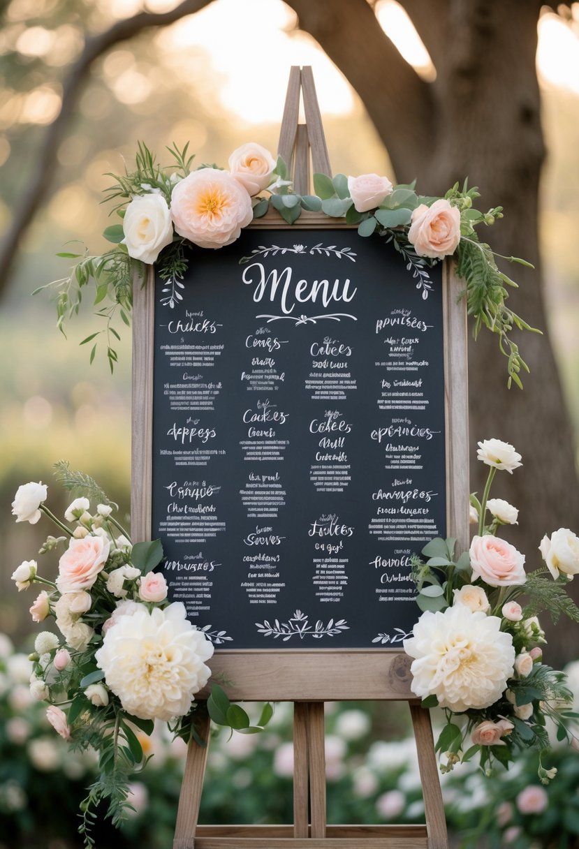 A wedding menu board on a wooden easel decorated with floral arrangements, showing illustrations of food and drinks.