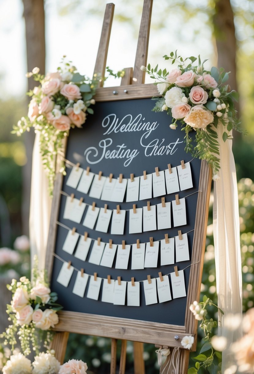 A wedding seating chart displayed on a chalkboard surrounded by flowers and decorations at an outdoor venue.