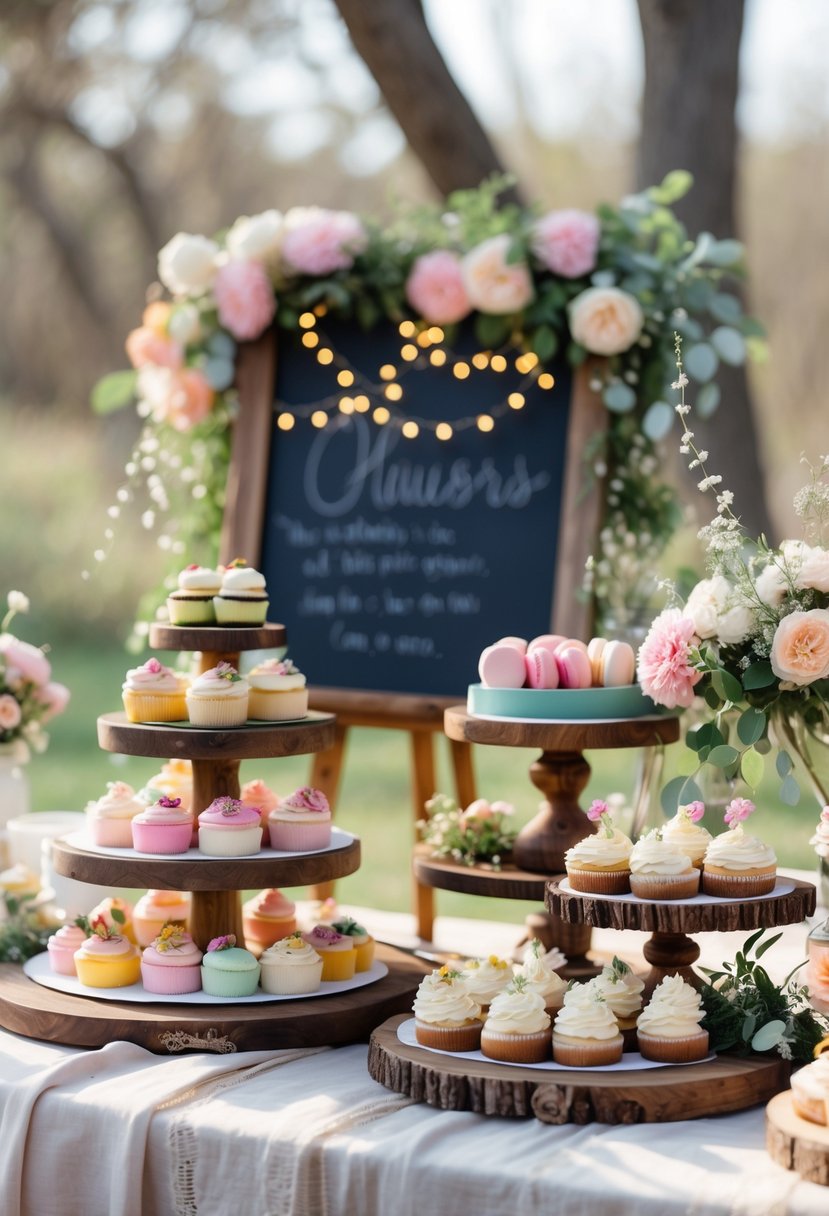 A wedding dessert table with colorful cupcakes and pastries, decorated with flowers and greenery, and a blank chalkboard sign in the background.