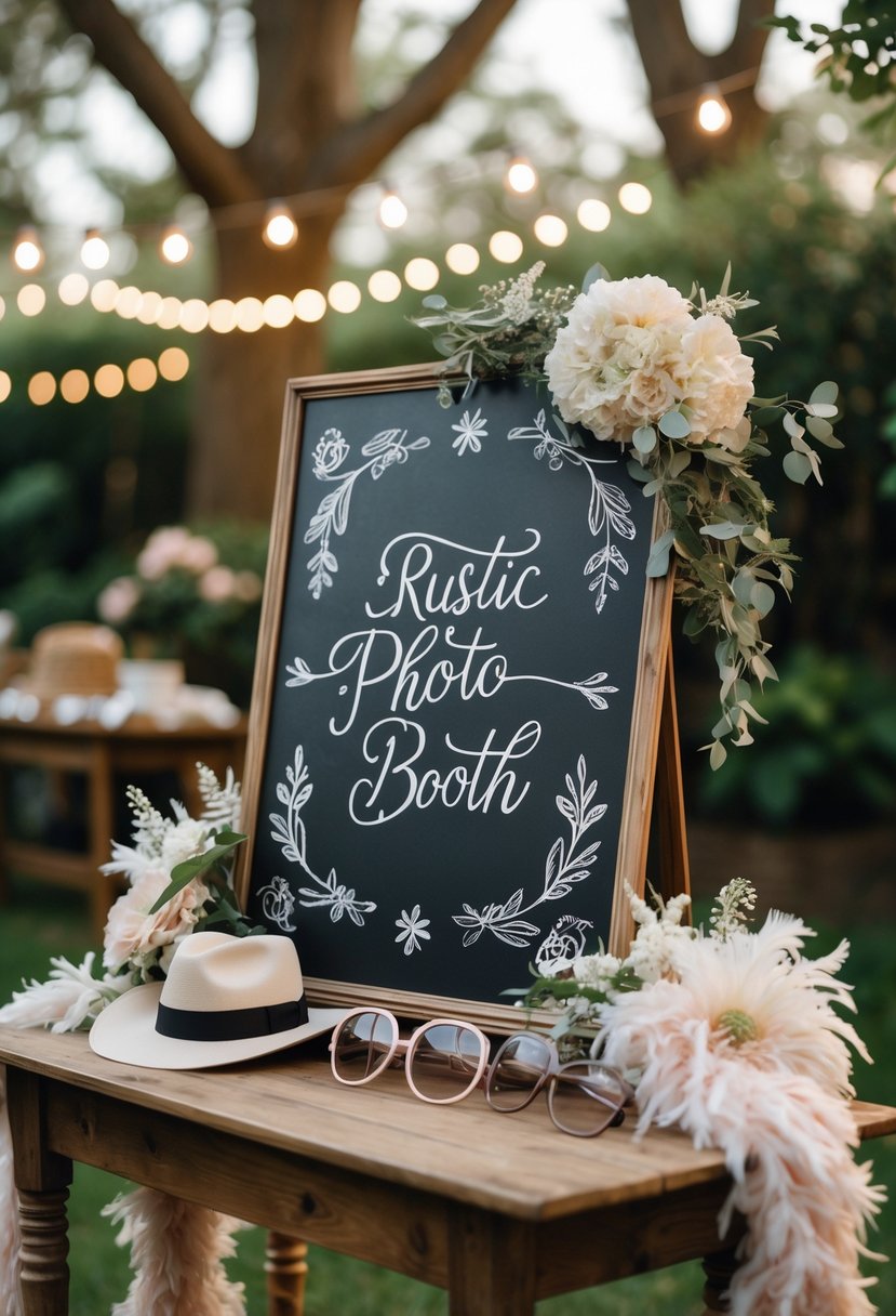 A wedding photo booth setup with a decorated chalkboard, vintage props on a wooden table, and a garden background with string lights.