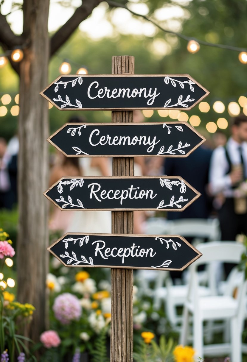 Wooden directional signpost with decorative chalkboard-style signs pointing to ceremony and reception areas in a garden wedding setting.