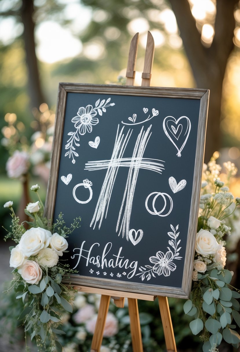 A chalkboard on a wooden easel with hand-drawn wedding-themed illustrations and a hashtag symbol, surrounded by flowers and greenery in an outdoor garden setting.