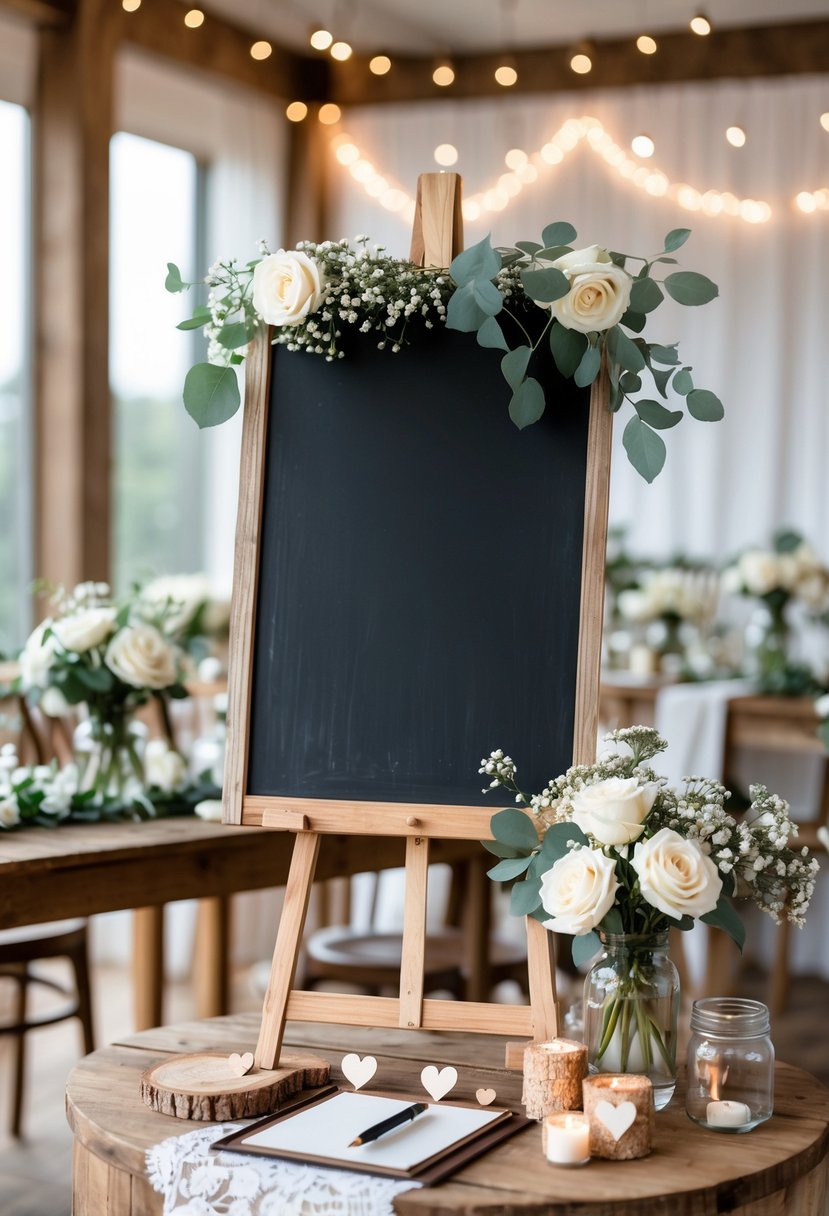 A rustic chalkboard sign on an easel surrounded by flowers and a guest book on a wooden table at a wedding reception.