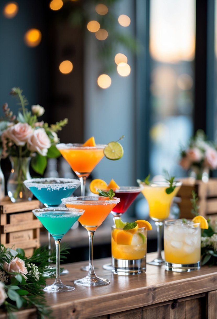 A bar counter with various colorful specialty cocktails and wedding-themed decorations including flowers and greenery.