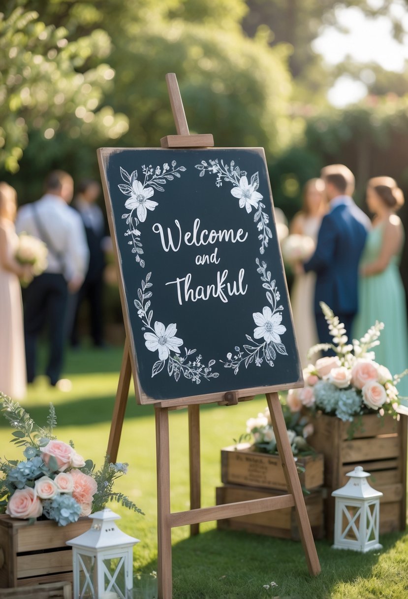 A chalkboard wedding sign decorated with flowers and greenery in a garden setting with wedding guests in the background.