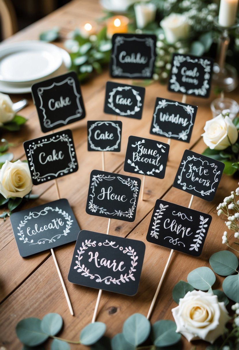 A collection of small chalkboard cake toppers and wedding signs decorated with white chalk designs and surrounded by flowers on a wooden table.